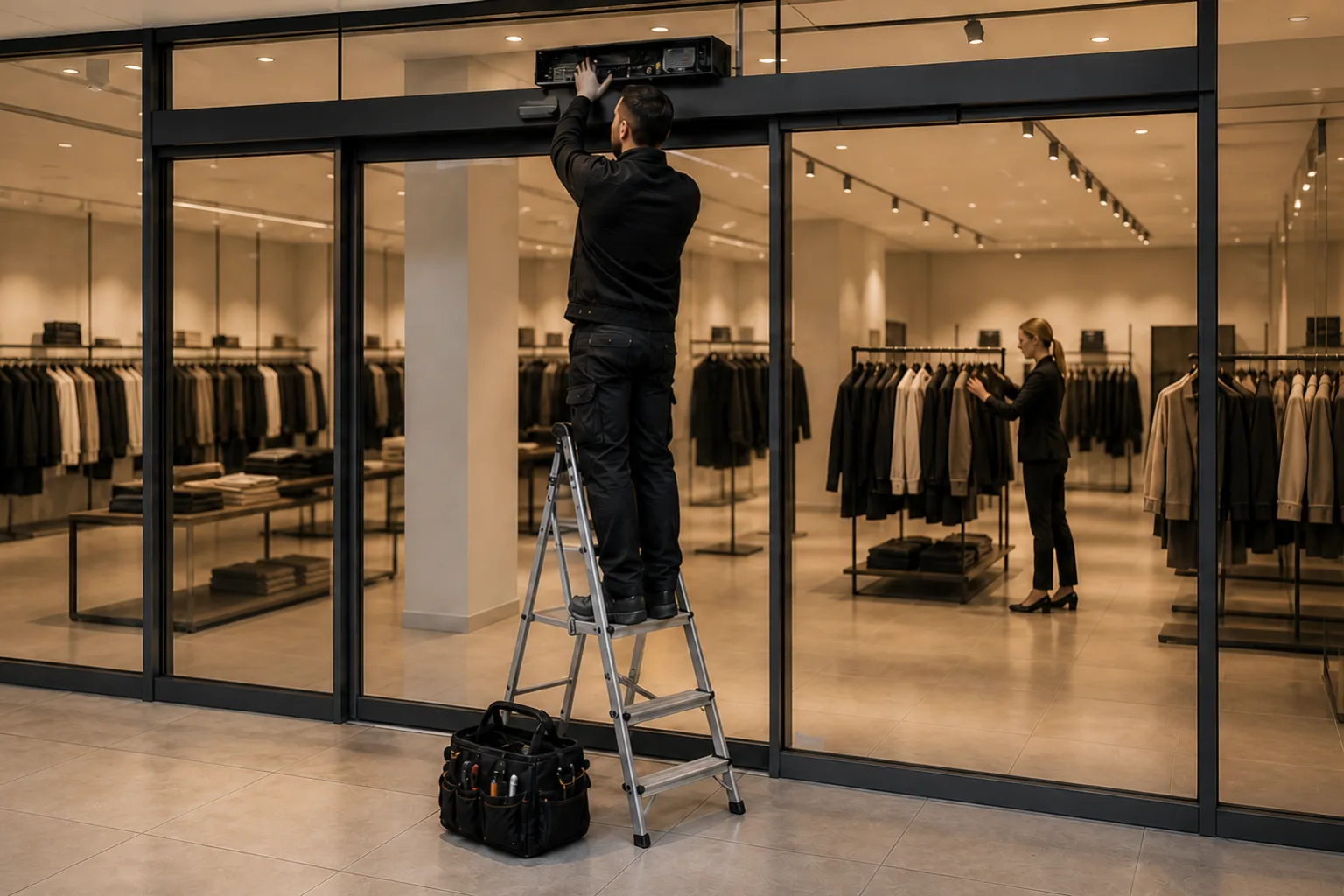 Retail team member and field technician at a shopping-centre entrance