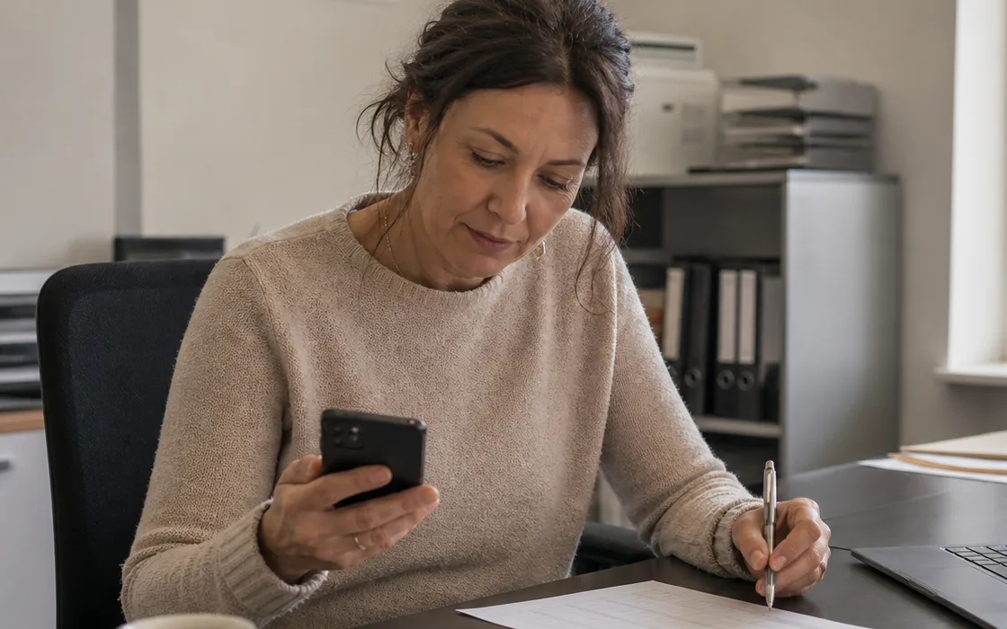 A person coordinating work between a phone, paper notes and a laptop.